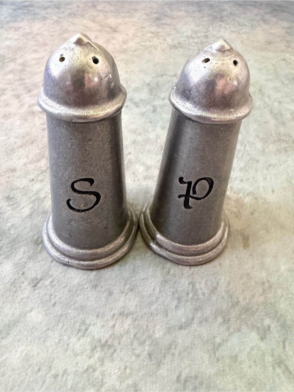Vintage Pewter Salt and Pepper Shakers - Monogram S & P
